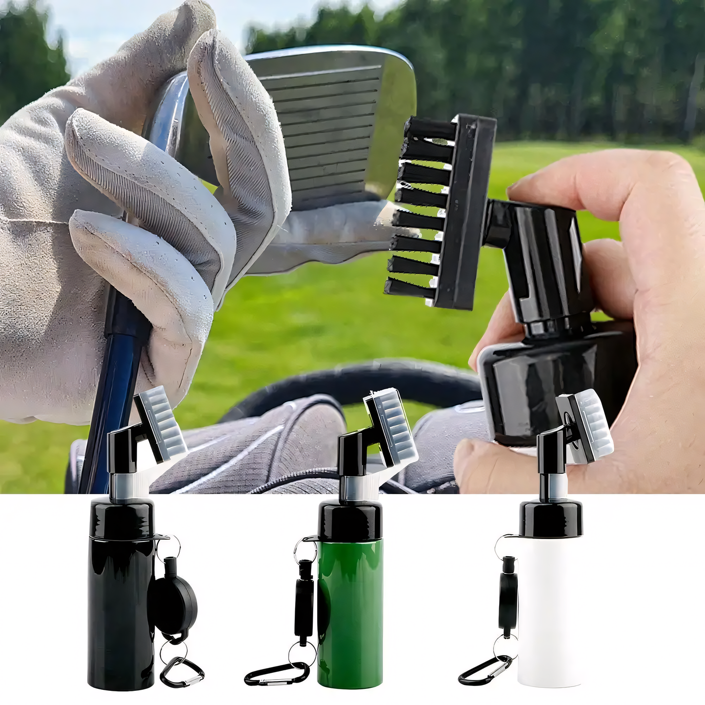 Etermist golf club brush with easy-attach feature securely clipped to golfer's bag outdoors.